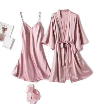

Spring New Sexy Camisole Pajamas Woman Robe Set Ice Silk Long Sleeve Pajamas 2 Pcs Hollow Fashion Sleepwear