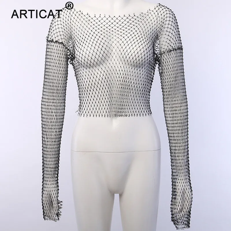 Черный Articat, стразы, блесток, сетка, обрезанная Футболка, женская, длинный рукав, прозрачные бриллианты, вечерние, модная, открытая, футболка - Цвет: Черный