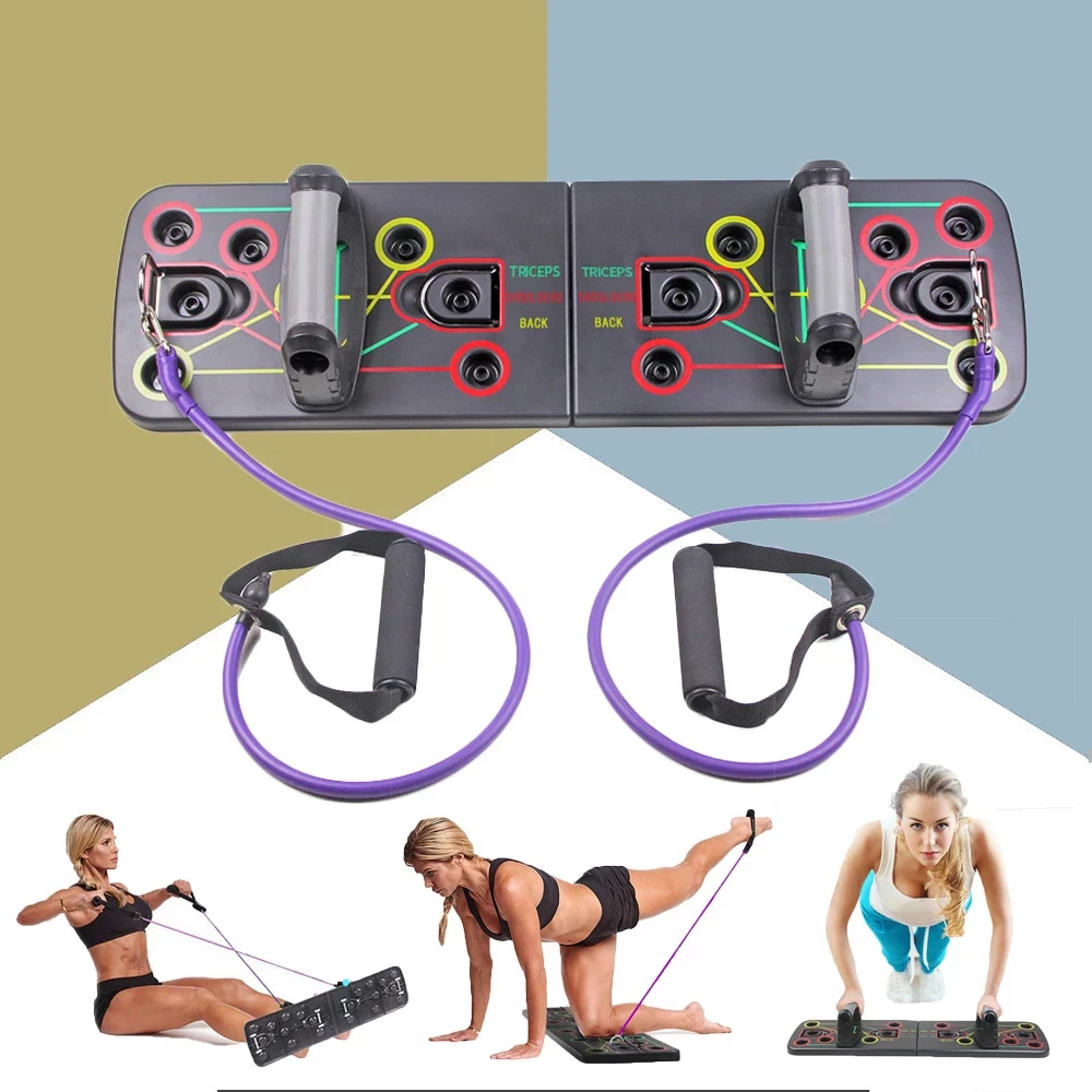 Foldable Push Up Rack Board With Latex Resistance Bands Body Building Board System Fitness Comprehensive Indoor Training Gym