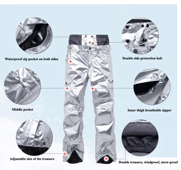 Серебристые мужские и женские зимние брюки профессиональные брюки для сноубординга водонепроницаемые ветрозащитные дышащие зимние спортивные лыжные брюки