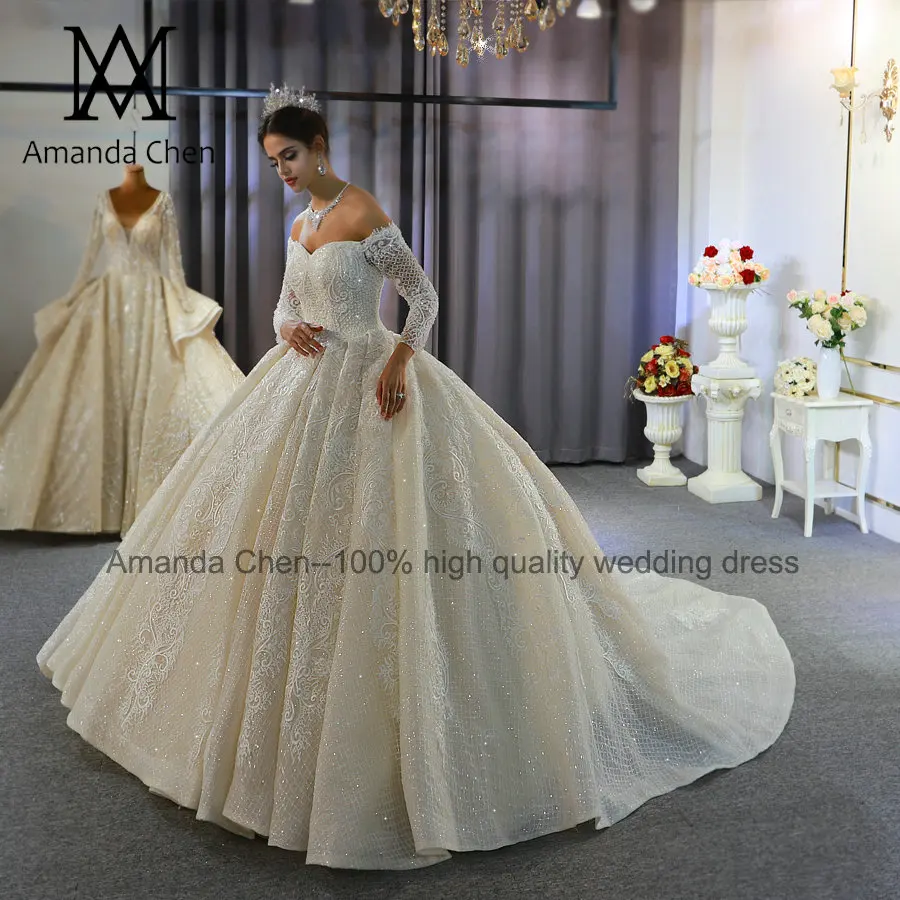 Robe de mariee с открытыми плечами Длинные рукава Кружева Аппликация блестящее свадебное платье цвета шампанского