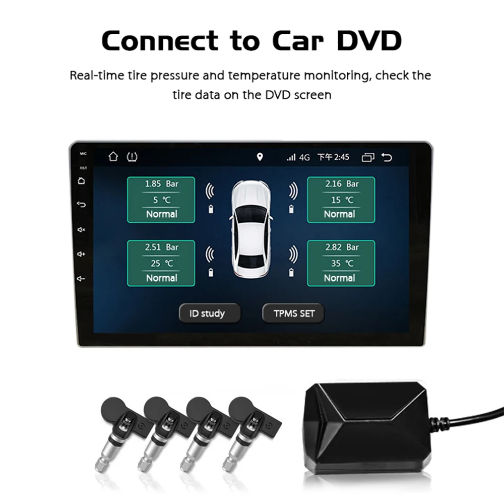 Sistema de monitorización de la presión de los neumáticos USB Android TPMS pantalla 4 sensores inte