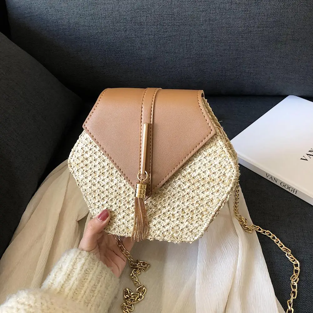 

Hexagon Mulit Style Straw+leather Handbag Women Summer Rattan Bag Handmade Woven Beach Circle Bohemia Shoulder Bag Y20