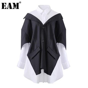 

[EAM] Women Black Striped Split Big Size Blouse New Lapel Long Sleeve Loose Fit Shirt Fashion Tide Spring Autumn 2020 1DA334