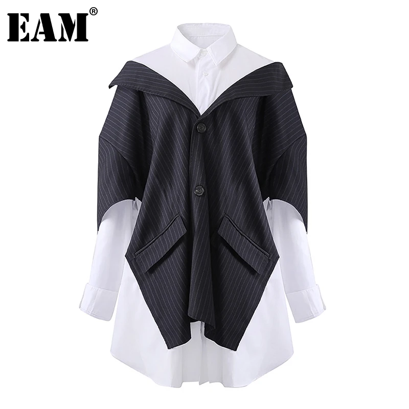 [EAM] Women Black Striped Split Big Size Blouse