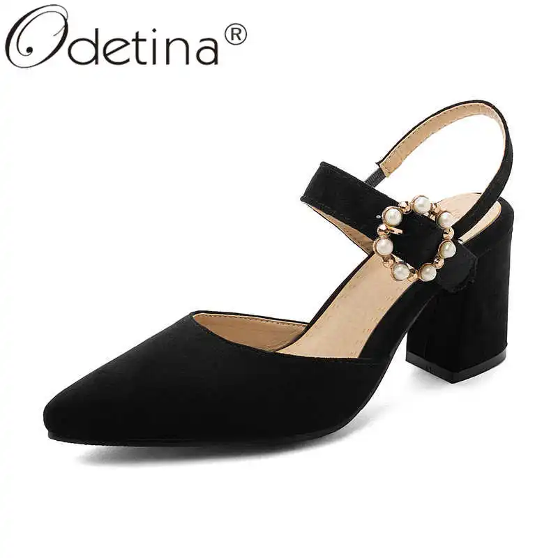 

Odetina Women Slingbacks String Bead Office Lady Dress Pumps Block High Heel Buckle Strap Faux Suede Pointed Toe Casual Pumps