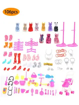 

106PCS Mixed Doll Accessories Shoes Rack Cute Sofa Beach Chair Pink Bed Mini Dresses Boots Hangers Miniature Furniture Baby