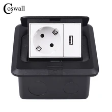 Coswall алюминиевая черная панель медленная открывающаяся напольная розетка 16A Россия Испания ЕС стандартная розетка с usb-портом для зарядки 5 в 1A