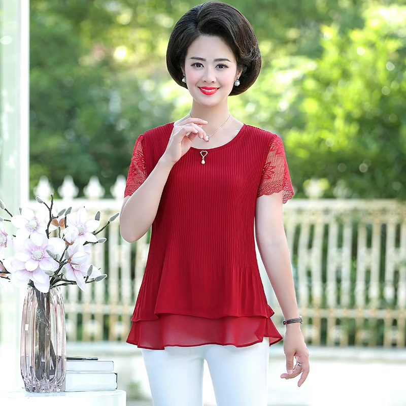 

Women Summer Chiffon Blouses Lace Crochet Short Sleeve Round Collar Crepe Thin Tops Female Red Green Blue Pink Layered Blouse