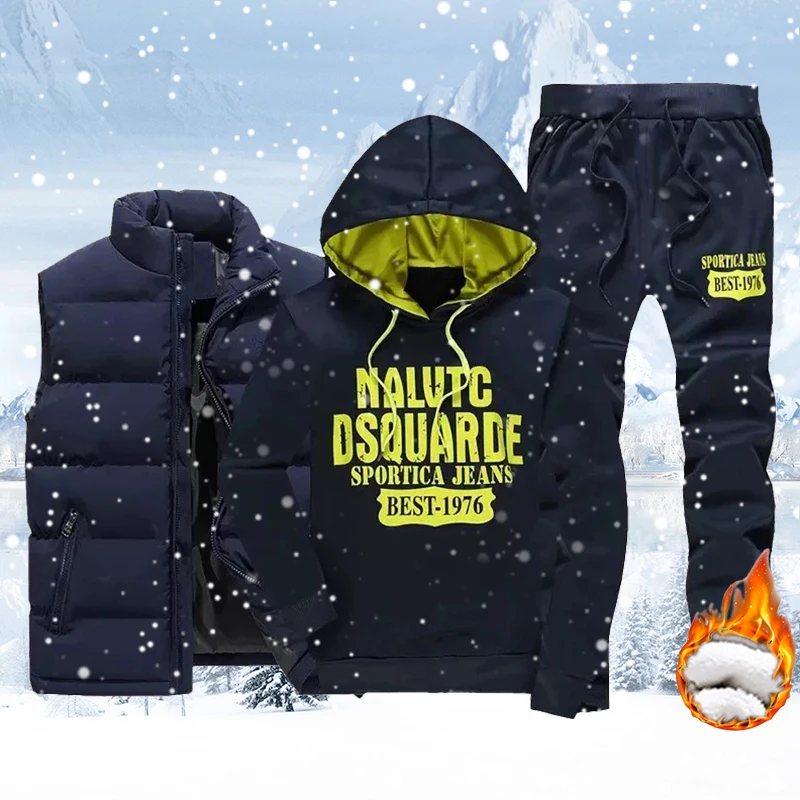 Thick Tracksuit Pants Hoodies Sportswear Fleece-Sets Zipper Vest Mens 3pieces Coats Winter