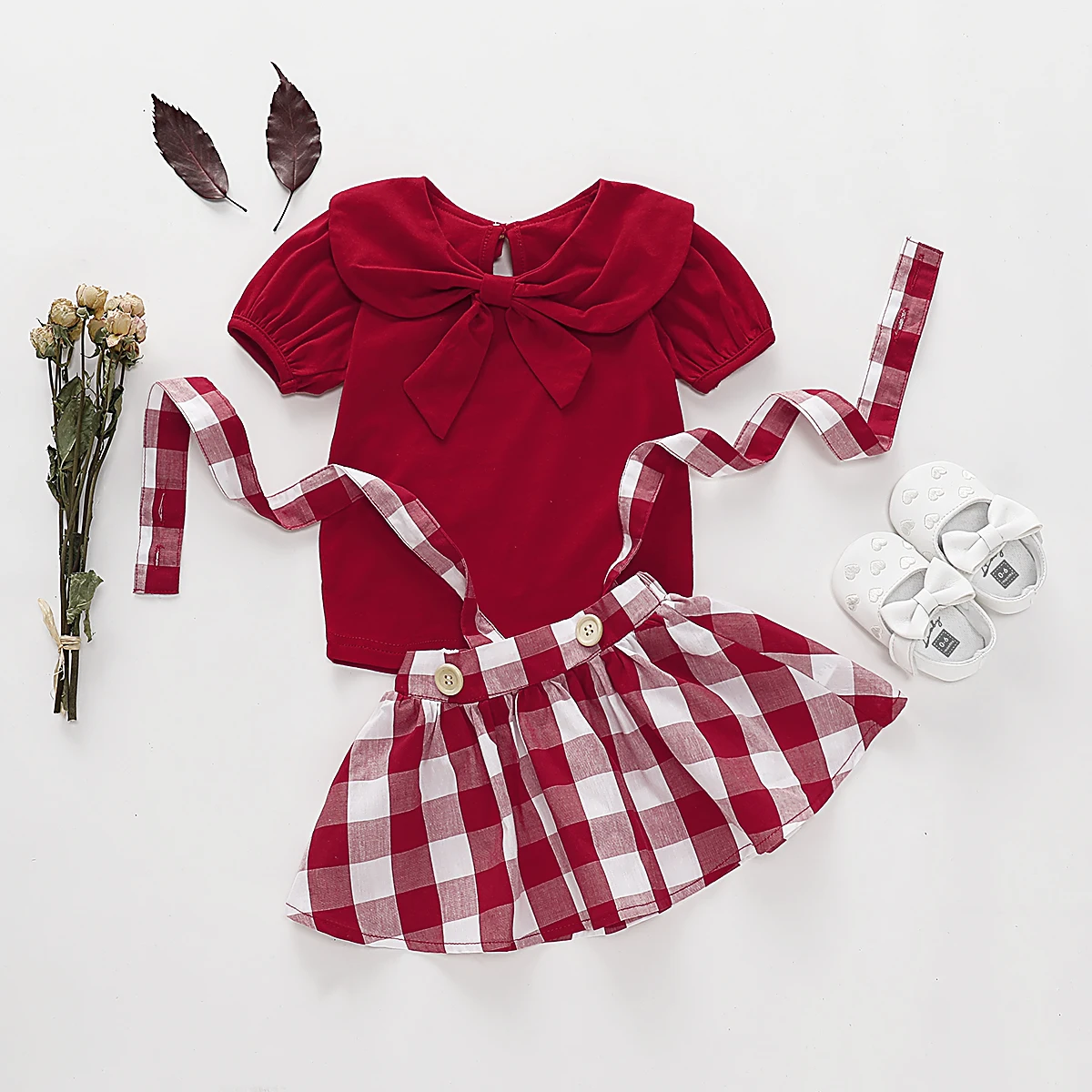 

Summer Christmas Newborn Kid Baby Girl Tops Skirt Suspender Dress Red Plaid Outfit 2pcs Cute Set