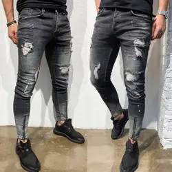 Модные обтягивающие джинсы с молнией на лодыжке для мужчин, рваные потертые джинсовые брюки-карандаш, мужские черные облегающие
