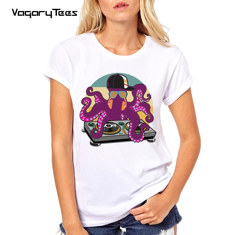 

Funny Hip hop tees shirt Dj Octopus print Female short sleeve cool Girl T shirt casual o-neck Summer womens streetwear tshirt