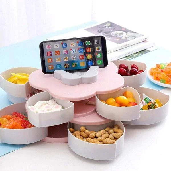 Blue Fruits Food,Toy Storage Perfect for Seeds Nuts and Dry Fruits Storage Box Gotian Creative Flower Candy Box Plum Blossom Rotating Fruit Bowl with Mobile Phone Holder Dried Fruit Box 