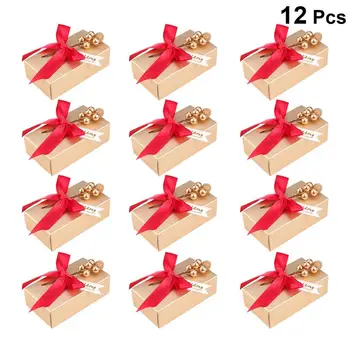 

12PCS Ivory Board Candy Boxes Treat Paper Boxes Wedding Favors Chocolates Gift Holder Packaging Boxes with Bowknot- Size L