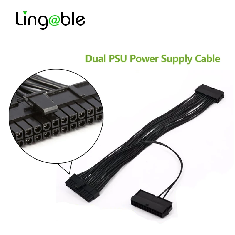 Lingable ATX 24 Pin Power Supply Extension Cable Dual PSU Mining Cables for Computer Adaptor Cable for BTC Riser Miner 24Pin