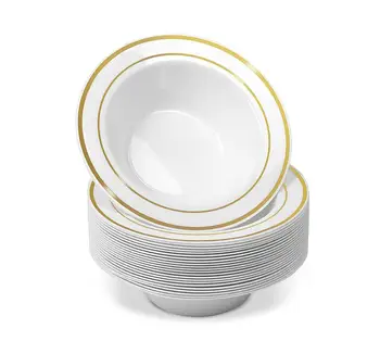 

25pcs Disposable Plastic Bowls-12 oz Soup Bowls - Gold Trim Real China Design - Premium Heavy Duty Plastic Plates for Wedding