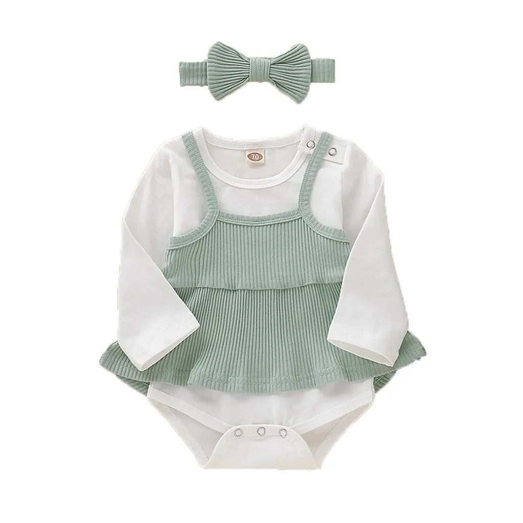 Зеленый Newborn Infant Baby Solid Romper Strap Skirts Outfits Autumn And Winter Clothes Long Sleeve Round Neck Bodysuit Girls Winter - Цвет: Зеленый