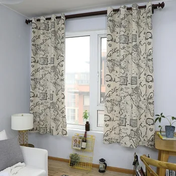

55 * 85 American rural modern map black cotton linen curtain linen living room balcony bay window bedroom finished product