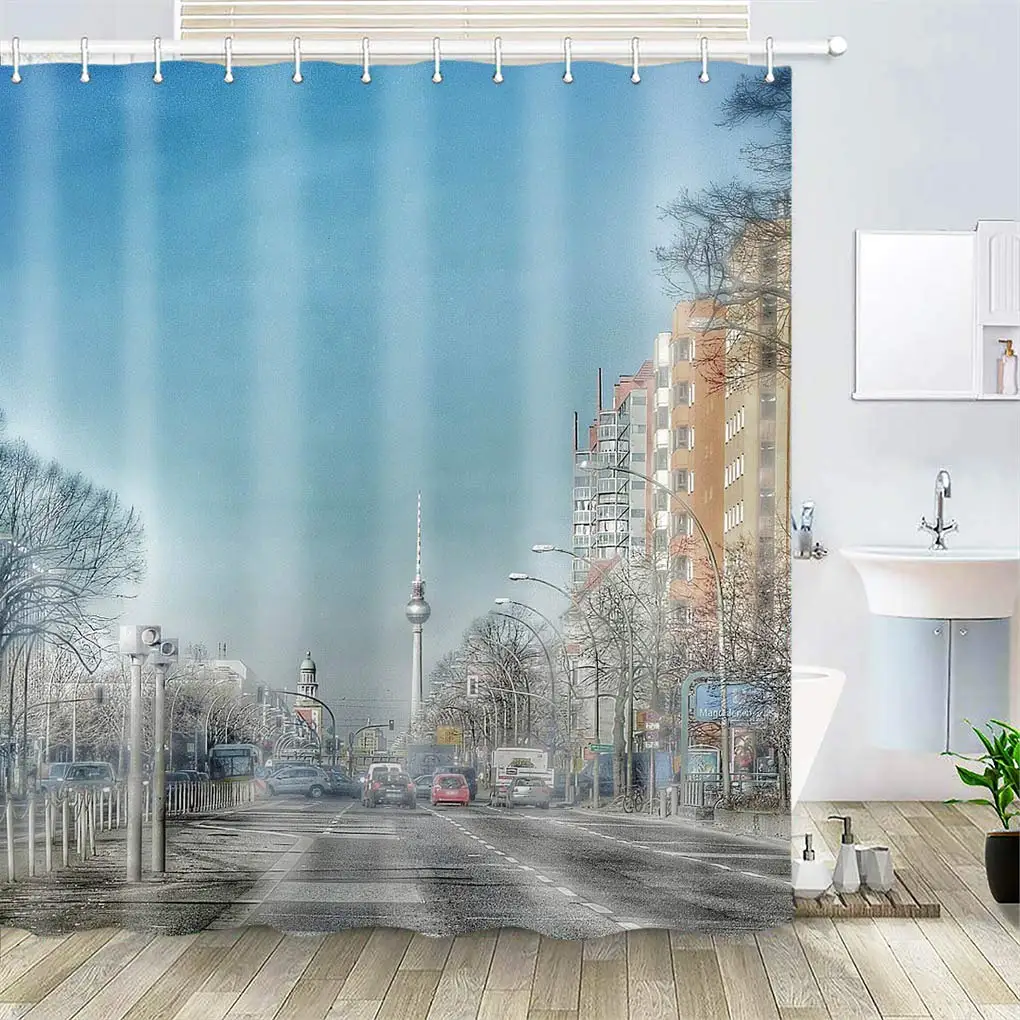 

Shower Curtain, Polyester Fabric Waterproof Hooks Included-72x72 inches- Berlin Tv Tower Capital Blitzer Landmark Building