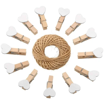 

Heart Pegs 100Pcs Mini Wooden Clothespins, White Photo Paper Clips with 30 Meters Jute Twine for DIY Decorations