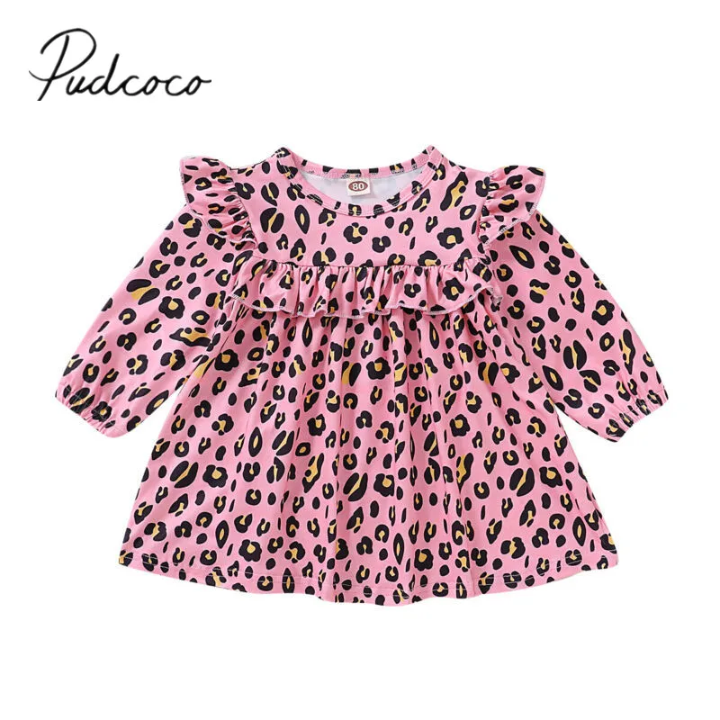 2020 Baby Spring Autumn Clothing Toddler Kids Girl Princess Dress Long Sleeve Leopard Print Flower Ruffled Clothes 6M-4T | Детская