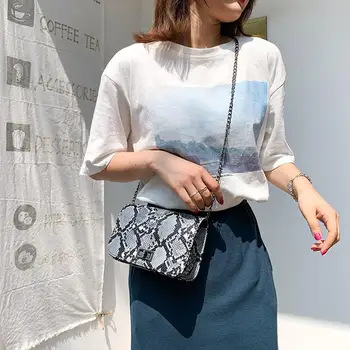 

Women Serpentine Messenger Bag Small Square Shoulder Bags PU Leather Snake Print Chain Crossbody Bags For Women #YJ