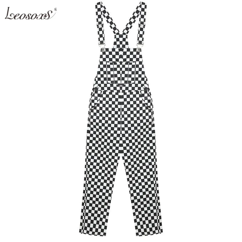 Women Jumpsuit Casual Black And White Checkerboard Plaid Loose Overalls Harajuku Bib Pants New Retro Old School Hip hop Style