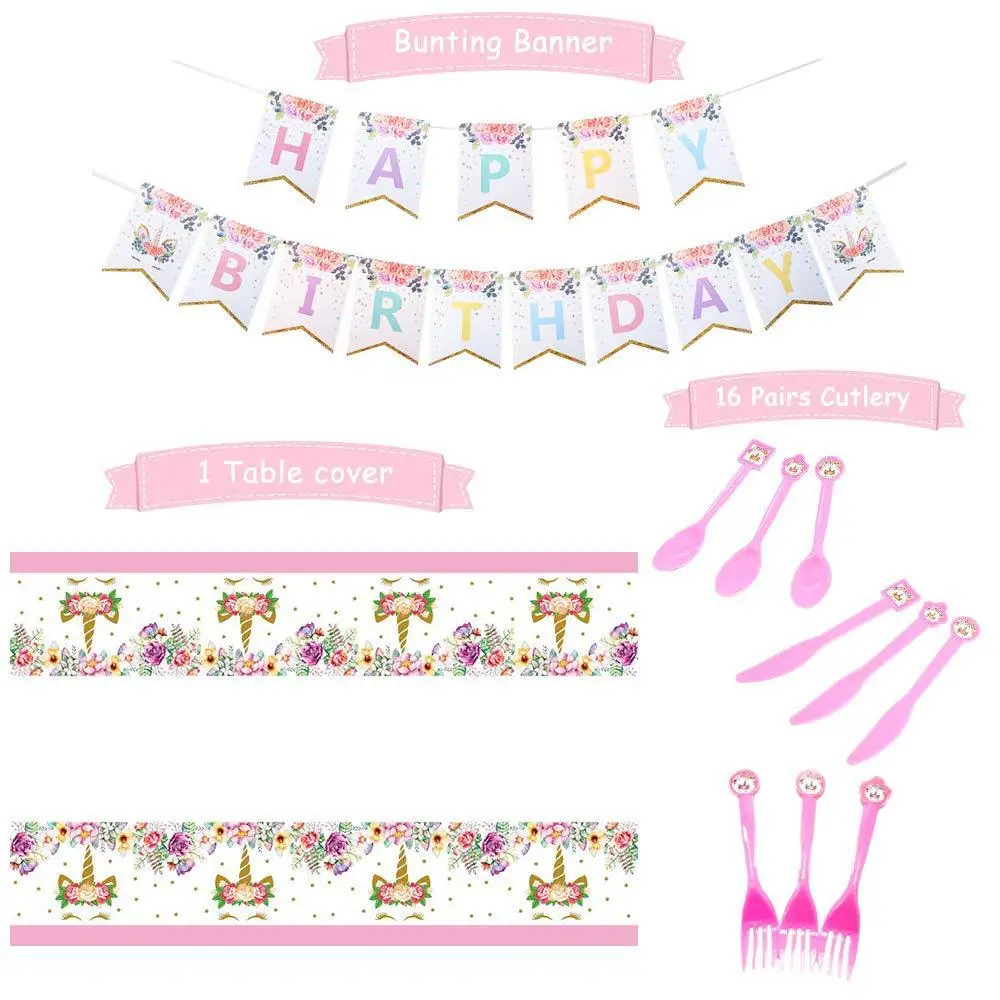 

2019 pink unicorn children's birthday party paper cup, paper towel set, flag tablecloth layout
