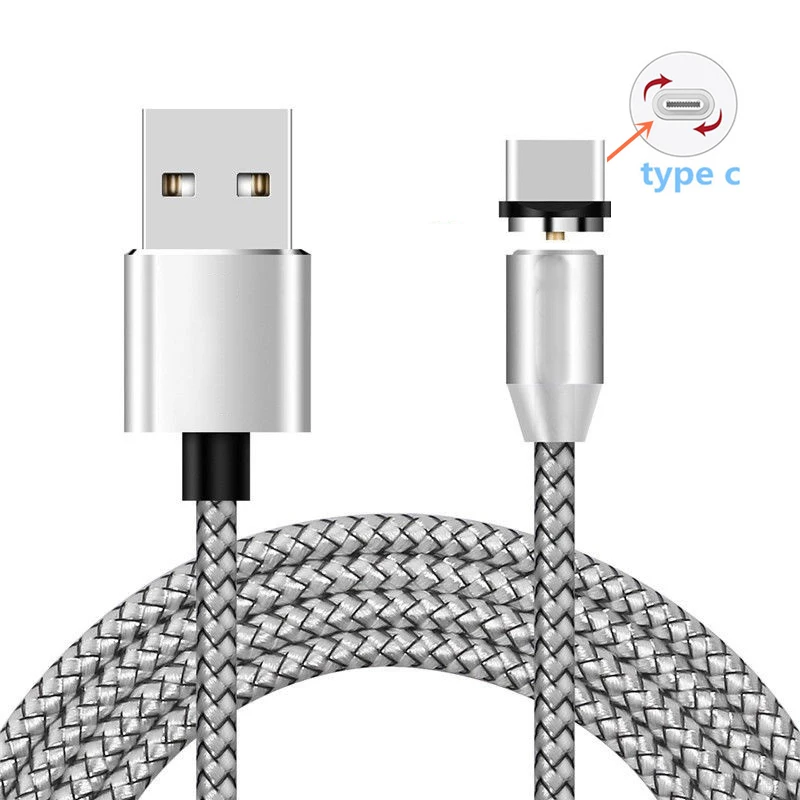Магнитный USB светодиодный кабель Micro USB type C для зарядки samsung M10 M20 M30 M40 A10 A20 A30 A40 A50 A60 A70 быстрое зарядное устройство для телефона - Цвет: Type C Cable Silver