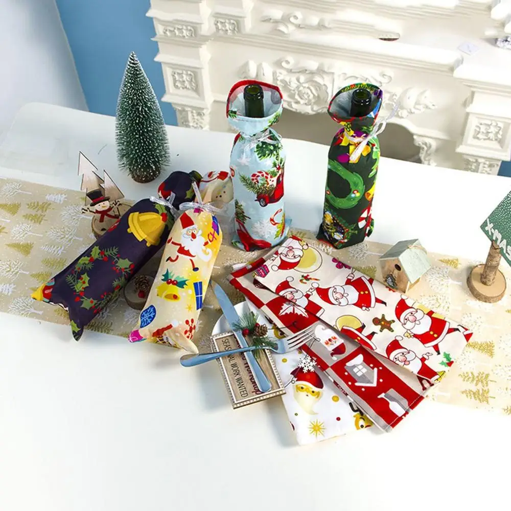 Christmas Wine Set Decoration Polyester Cotton Flannel Printed Christmas Wine Set Christmas Champagne Bottle Set