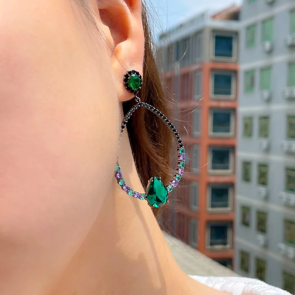 CWWZircon Green Black Cubic Zircon Stone Round Drop Big Party Earring for Women American European Designer Wedding Jewelry CZ913