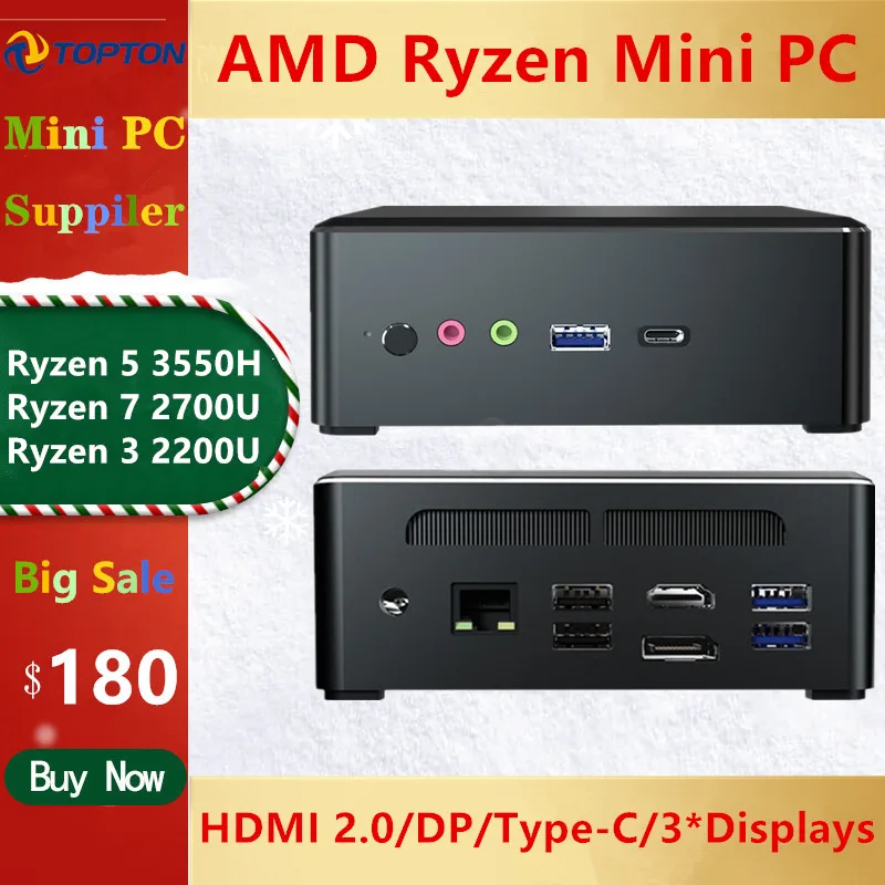 TOPTON-Mini PC AMD Ryzen R5 3550H R7 2700U Vega 10 Graphic 2 * DDR4 M.2 NVMe, ordenador Gaming, Windows 10 4K HTPC HDMI2.0 DP AC WiFi