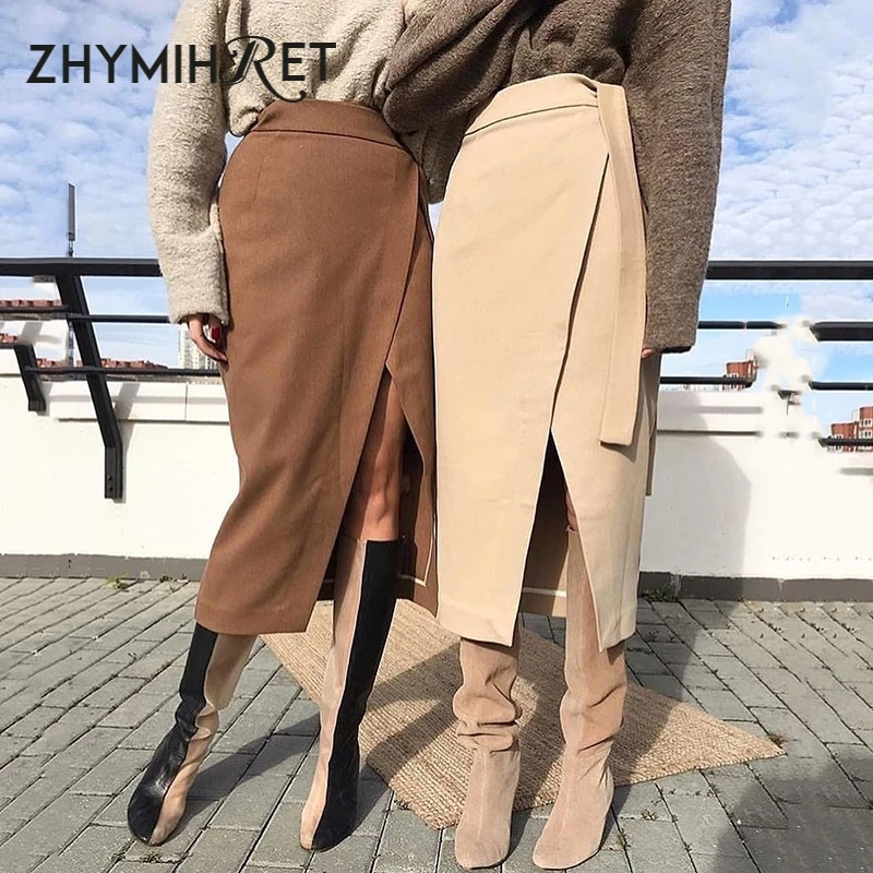 ZHYMIHRET элегантные Разделение миди-юбка с высокой талией Для женщин осень-зима с завязками по бокам замшевые Обёрточная бумага Юбка Femme