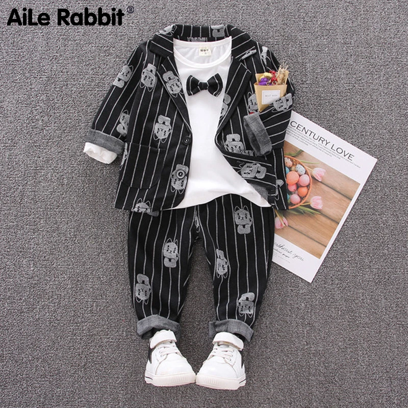 Для маленьких мальчиков комплект одежды для малышей, куртка, футболка, штаны, 3 предмета, комплект с изображением из мультфильма Lucky Cat Свадебный костюм с бантом, Костюм Джентльмена
