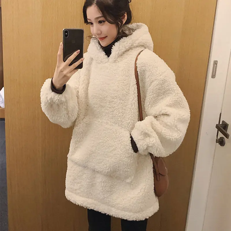 white hoodies Теплые шерстяные худи из овечьей шерсти, Женская Длинная толстовка, новинка, Harajuku, осенне-зимний пуловер, свитшоты, женские толстовки, Sudadera Mujer C5929 - Цвет: white hoodies