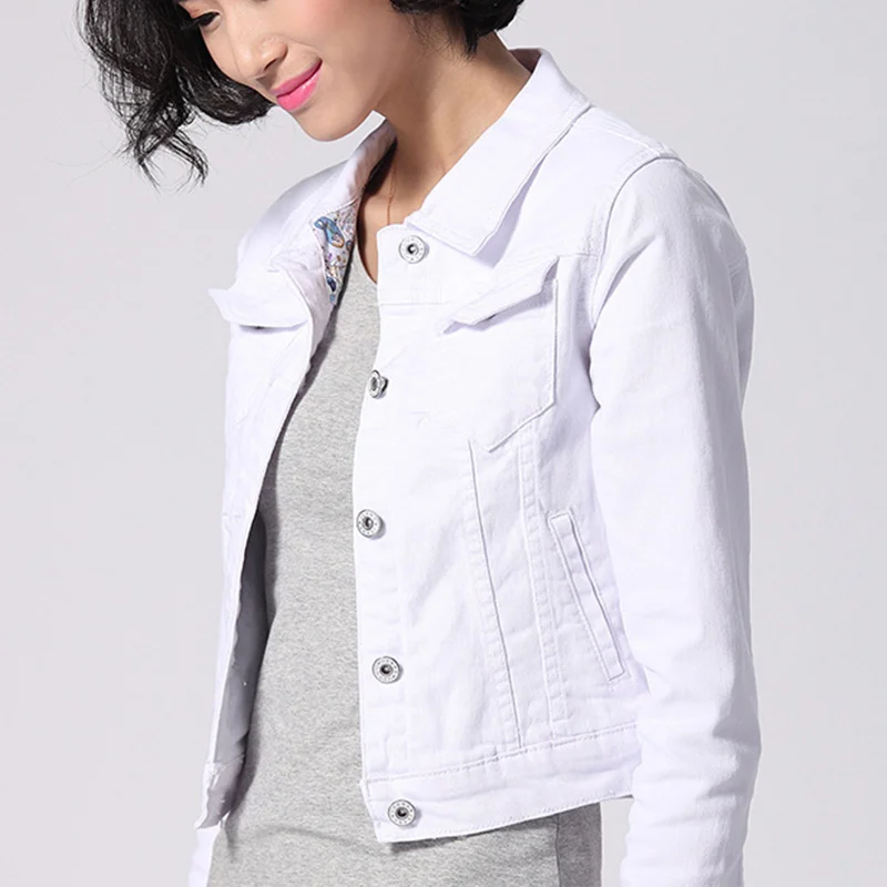 

Women's Basic Jeans Denim Jacket White Slim Cropped Jean Coat 2019 Autumn Spring Korean Turn Down Collar Short Jackets Female