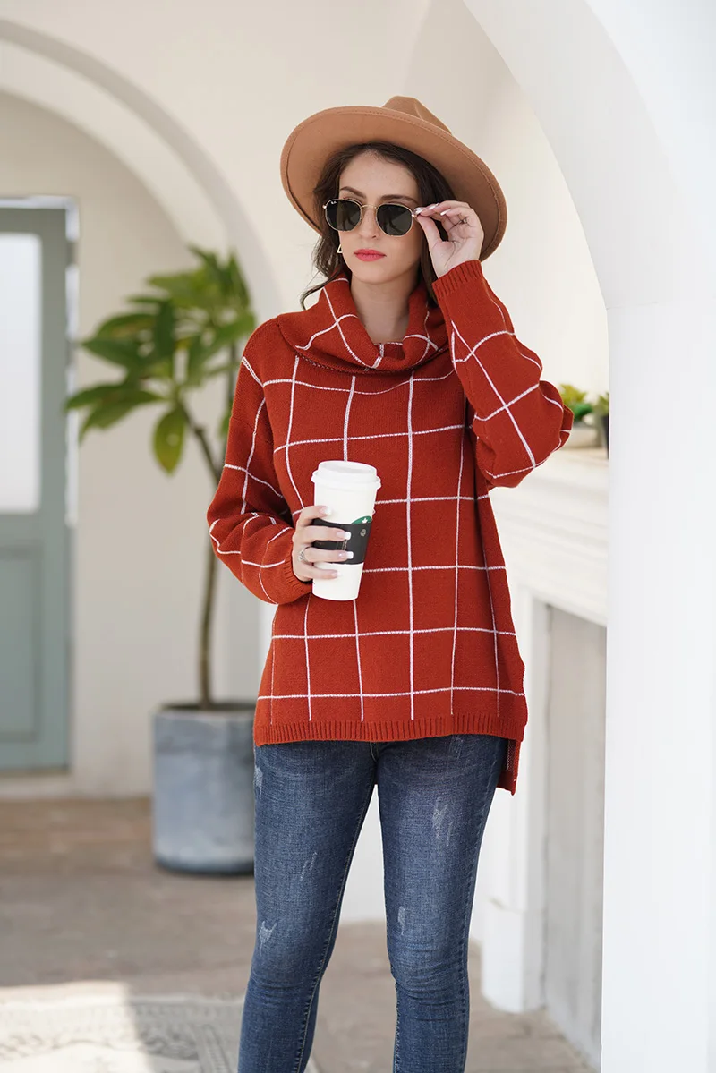 

Turtleneck Sweaters Long Sleeve Chic Plaid Autumn Winter Female Fashion Jumper Basic Female Soft Knitted Tops