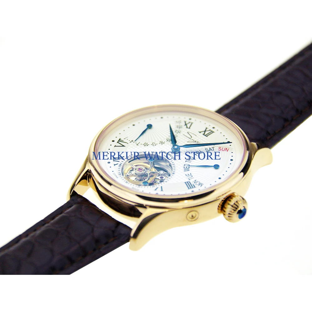 

Sugess Mens Watch Flying Mechanical Seagull ST8004 Tourbillon Movement Day Date Skelenton Luxury