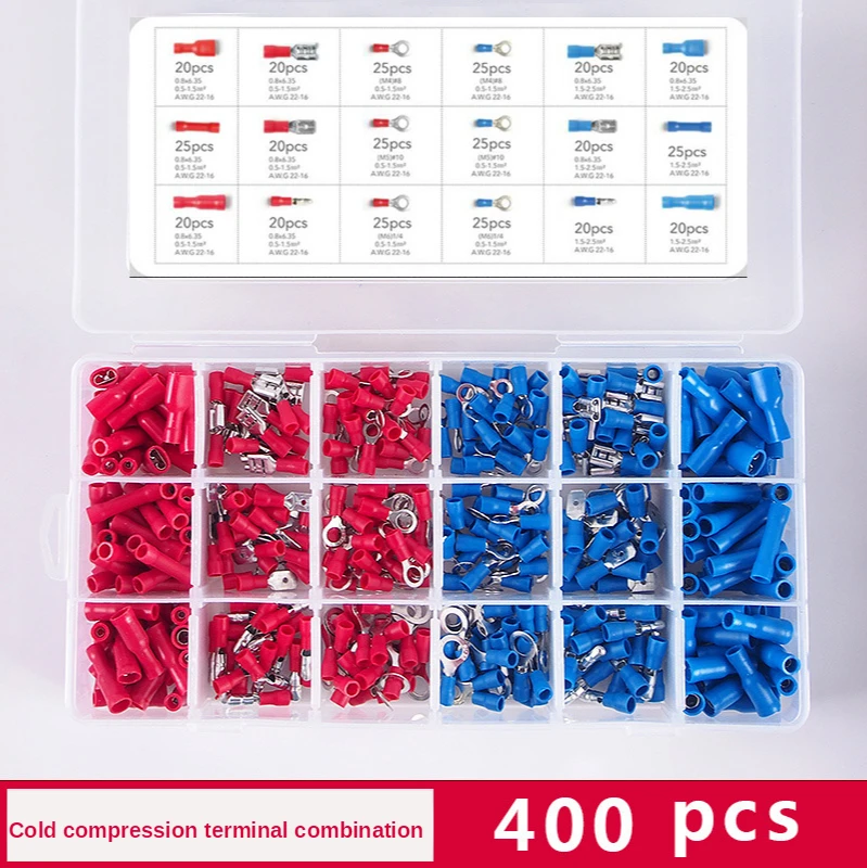 

400PCS Tubular Terminal Connectors Hot and Cold Terminal Set Ferrules Kit Set Wire Copper Crimp Connector