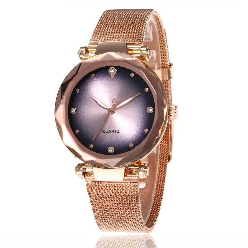 

2019 Fashion Simple Reticulated Steel Belt Diamond-embedded Watch Creative Gradient Color Stone Dial Women's Simple Quartz Watch