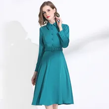 Ladies Dress Long Sleeves 2020 Spring Turn Down Collar Solid Color Slim Waistbelt A-Line Classy Dress Over The Knees M-XXL Cyan