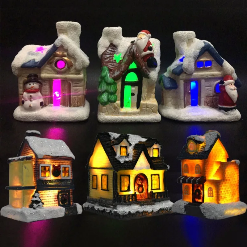 Christmas Scene Village Houses Luminous House LED Resin Toys Glow in the dark Figurines Decorations