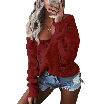 

Women's Sexy V Neck Sweaters Off Shoulder Jumper Solid Color Hollow Soft Warm Knitted Sweater Long Sleeve Pull Femme