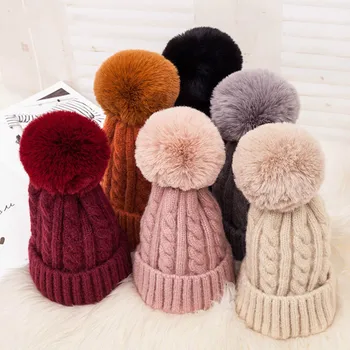 

Travel Accessories Pink Fur Pompom Wool Winter Hat for Women Girls Knitted Skullies Beanies Thick Warm Velvet Fleece Hat Ski