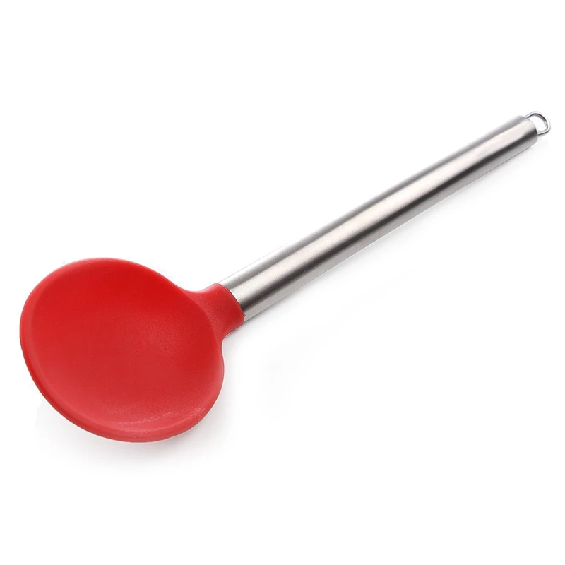 Silicone Serving Spoon- With Strong Silicone Covering Head& Stay-cool Stainless Steel Handle Red+ silver