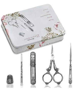 

LMDZ 5 PCS Retro Scissors Set European Vintage Scissor+Needle Storage+Thimble +Threader Tube+Awl Sewing Kits For Needlework