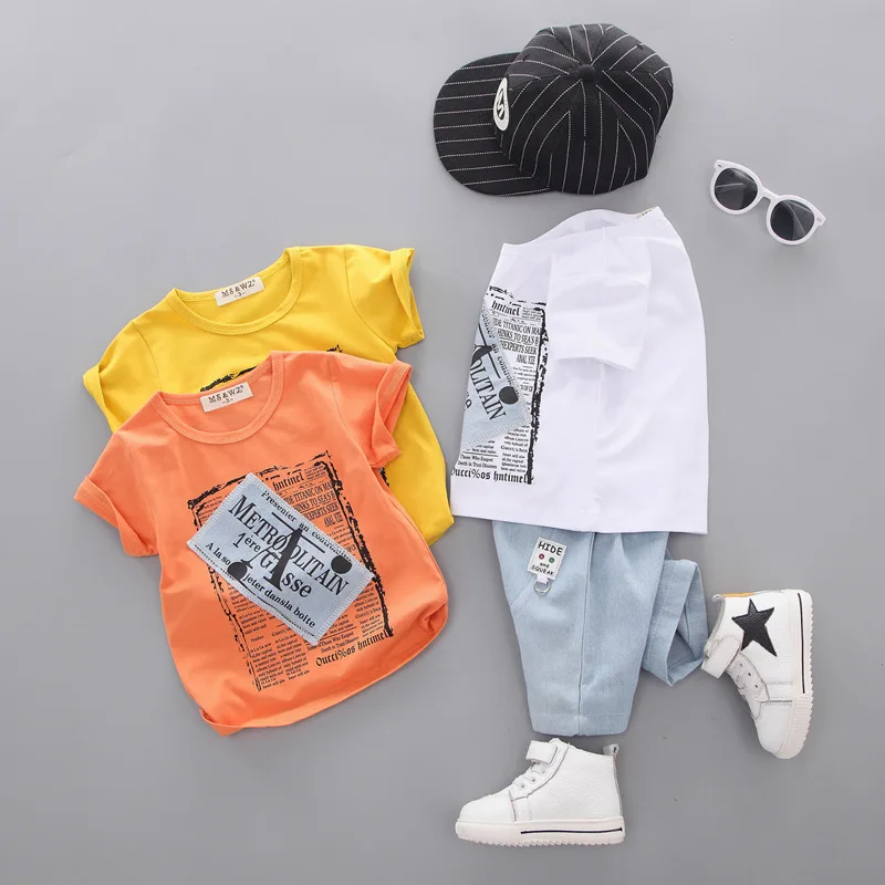 Roupas de Algodão Imprimir o Pescoço Crianças da Forma da Criança Fatos de Treino Crianças Novas Verão Bebê Meninos t Camisas Denim Shorts 2 Pçs - Sets Infantil 6 Crianças novas roupas de algodão verão bebê