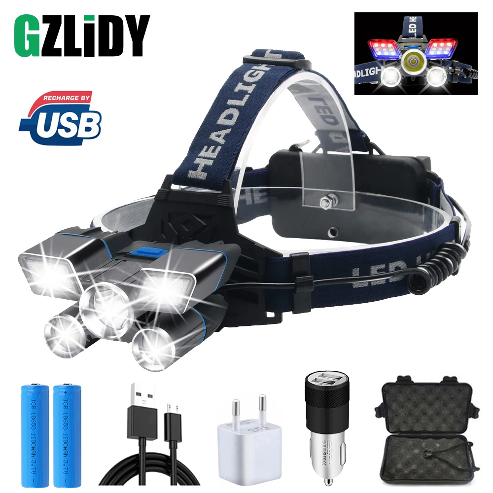 

Waterproof USB Charging LED Headlamps with Red and Blue Warning Lights 9 Modes Super Bright LED Headlights for Fishing Hunting