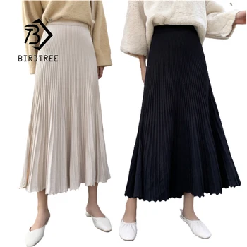 

Split A-Line Skirt 2020 Autumn Winter 2 Colour Fold Knitted Women Skirts Elastic Waist Loose All-Match Bottoms B09305R